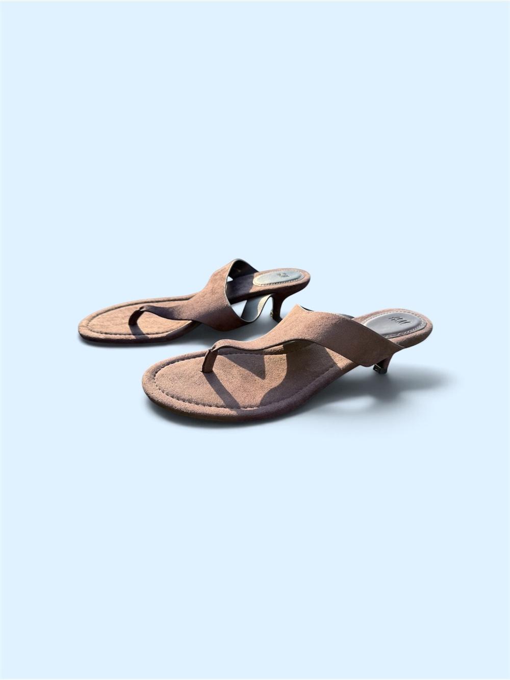 H&M Brown Suede Thong Kitten Heel Mules - New Never Used